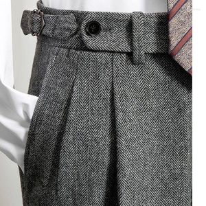 Herrdräkter 2023 Autumn Winter High midja ullbyxor manliga tweed affärer casual byxor män lång formell rak h336