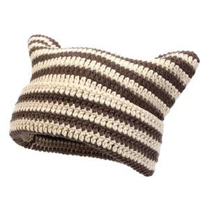 Berretti Beanie/Teschio Nuovo stile coreano Fatto a mano all'uncinetto Orecchie di gatto acrilico Donna Cappello invernale Berretti autunnali a righe Caldo morbido Bonnet Skullies Cap Regalo 230925