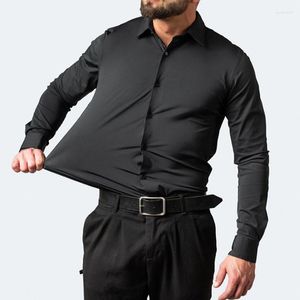 Camisas casuais masculinas plus 6xl camisa social outono primavera vestido de negócios não-ferro sólido vertical preto slim fit elástico roupas