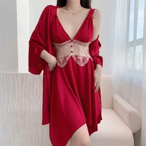 Kvinnors sömnkläder spetsar satin lapptäcke sömn set kvinnor badrock loungewear klänning kostym sexig kimono mantel nattkläder nattklänning