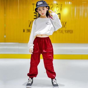 Комплекты одежды 2023, белый укороченный топ с длинными рукавами для девочек или красные спортивные штаны в стиле хип-хоп, одежда для уличных танцев, повседневная одежда