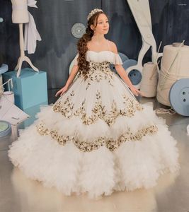 Mädchen Kleider Elegantes Elfenbein Blumen Rüschen Sheer Neck Mädchen Pageant Kleid Kleine Kinder Erstkommunion Ballkleider 1-16 Jahre