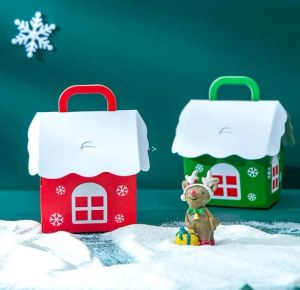 Caixa de embalagem para presente de natal, crianças, pacote de doces, decoração de festa de natal, formato de casa, organizadores de armazenamento portátil 925