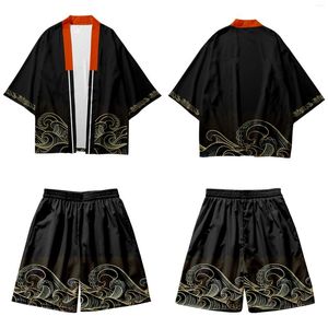 Etniska kläder män japanska streetwear samurai kostym haori kimono svarta vågor tryck cardigan och shorts set cosplay jacka