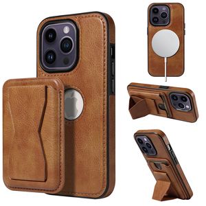 Magnetiska plånbokskortshållare för Magsafe med Kickstand för iPhone 15 14 Plus 13 12 11 Pro Max Phone Stand Pu Leather Cover