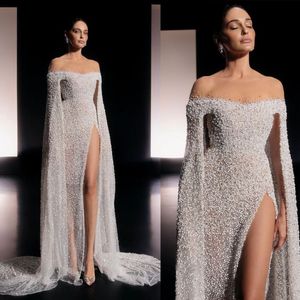 Off The Shoulder Evening Dresses Vintage High Side Split Bridal Gowns Custom Made Beading Pearls Party Dress Vestido De Novia