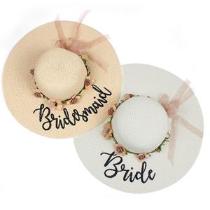 Brand Beach Wedding Brud Floppy Flowers Sun Hats smekmånad Smaid Maid of Honor Bridal Shower Party Summer Straw Hat Wide Brim283j