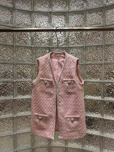 Jaquetas femininas Dreamlike Macaron Colete de tweed rosa com acabamento de fita trançada contrastante artesanal