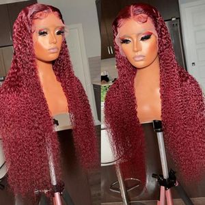 Mogolian Hair 99j Burgund Deep Wave HD Transparent 13x4 Lace Front Perücke rote Farbe lockiges Echthaar Perücken für Frauen 360 Lace Frontal Perücke