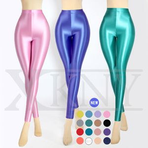 Herrbyxor xckny sexig satin glansig hög midja sport kvinnor fitness glänsande yoga tights leggings elastiska glansiga byxor 230923