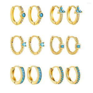 Brincos de argola dourados, aço inoxidável, azul, zircônia, redondo, círculo, feminino, menina, simples, luxo, joias de casamento, aretes