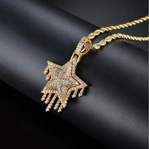 HOMEM HIP HOP ICED OUT CZ BLING GOTAS DE ÁGUA ESTRELA PINGENTE COLAR Micro Pave Zircônia Cúbica Simulado Diamantes Colar331F