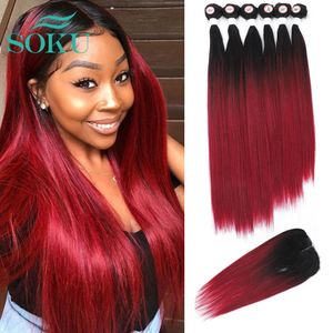 Human Hair Bulks Synthetic Lace Closure Weaving Bundles Hair Ombre Red Bundles SOKU Nature Straight Hair Extensions With Lace Closure 6 Bundles 230925