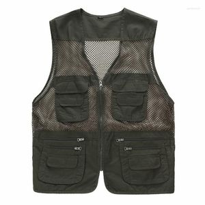 Men's Vests Men Green Mesh Vest Breathable Hollow Outerwear Boys Zip Up Hunting Tactical Male Outdoor Sleeveless Jacket Oversize