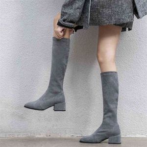 Stivali di marca Alti al ginocchio Scarpe da donna Tacchi quadrati Nero Grigio Pelle scamosciata Elasticizzata Elasticizzata Ragazze Donna Autunno Inverno Donna 1211