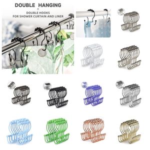 12pcs/set Shower Curtain Hooks Shower Curtain Rings Stainless Steel Roller Anti-Rust Anti-Drop Double Hooks For Curtains Bathroom Q588