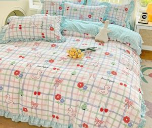 Set di biancheria da letto INS Copripiumino in morbido cotone lavato con fiori coreani Biancheria da letto in pizzo per ragazze principessa