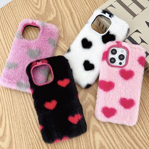 Cute Love Heart Genuine Rabbit Hair Cases For Iphone 15 14 Pro Max 13 12 11 XR XS X 8 7 Iphone15 Plus Soft TPU Animal Fluffy Fur Smart Mobile Phone Back Cover Lovely Skin