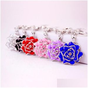 Portachiavi Fiore di peonia Ciondolo Catena Smalto Lega Strass Borsa pavimentata Portachiavi Titolare Bellezza Floreale Metallo Chiavi per auto Anello Charms Gioiello Dh7Sp