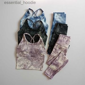 Mulheres Tracksuits 2 PCS Mulheres Sem Costura Yoga Set Workout Sportswear Ginásio Roupas Fitness Crop Top Tie Dye Cintura Alta Leggings Ternos Esportivos L230925