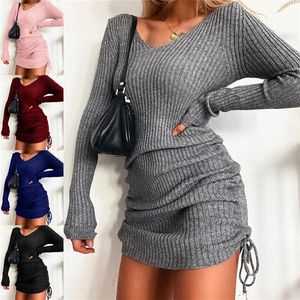 Women Knitted Casual Sweater Dress Autumn Winter Ladies Long Sleeve V-Neck Slim-cut Thread Mini Skirt High Waist Pullover Pleated 193x