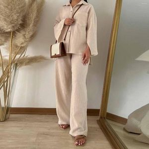 Women's Two Piece Pants 2023 Summer Pleated Long Sleeve Shirts Pant Sets Women Set High Waist Trousers Button Ladies Streetwear