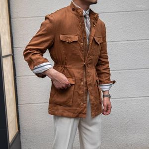Mensjackor 2023 Autumn Light Luxury Linen Gentleman Retro Hunting Coat British Italian Thin Breatble Casual Jacket