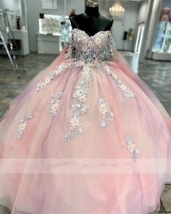 Abiti da principessa Quinceanera rosa lucido, applicazioni di pizzo con perline, applicazioni di perle, abito da ballo con spalle scoperte, cristalli, ballo di fine anno