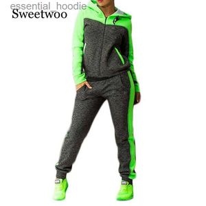 Kadınların Trailsuits 2019 Sonbahar 2 Parçası Set Kadın Trailsuit Sportswear Sıradan Ter Pantolon Kapşonlu Kırpılmış Sweatshirt Hoodie L230925