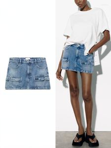 Skirts ZBZA Women's Summer High Waist Washing Effect Shows Thin Package Hip Mini Skirt Button Pocket Decoration Tooling Denim