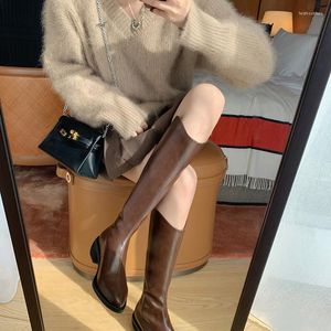 Boots Women Point Toe Long Flat Autumn Winter Warm Fashion Ladies Party Shoes Female Genuine Leather Chunky Platform Knee High