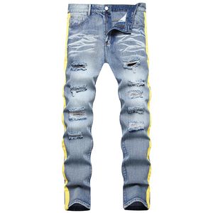 Blå retro jeans för män Slim-fit rak nödställda byxor gul sidremsa casual denim byxor personlighet streetwear