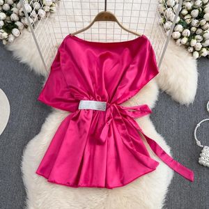 Women's Blouses Satin Round Neck Pullover Shirt Summer Korean Version Solid Color Loose Tie Waist Mid-length Top