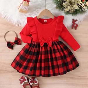 Abiti per ragazza 6M-5Y Natale Bambini Ragazze Casual Plaid rosso a coste Fiocco Patchwork Manica lunga Abito a trapezio Fascia Abiti natalizi