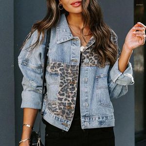 Women's Jackets Women Denim Jacket Leopard Splicing Long Sleeves Coat Casual Loose Button Pocket Turn-down Collar For Autumn