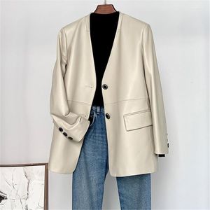 Cappotto in pelle da donna M-2XL in PU Abito autunnale nero Versione coreana di semplice pendolarismo con scollo a V monopetto medio lungo