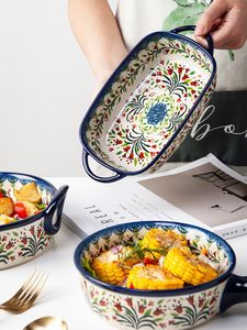 Dinnerware Sets Retro Binaural Soup Bowl Household Pizza Ceramic Oven Microwave Bake Pan Nordic Tableware 9 Inch Retangle Plate