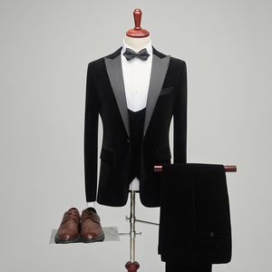 2023 Mężczyźni czarny aksamitne podwójnie piersi Blazer Wedding Groom Suit kropka szczytowe smoking lapel