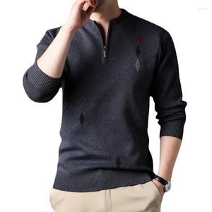 Camisolas masculinas de malha camisola para homens 2023 outono casual listra inferior camisa levante-se pescoço meio zip fino