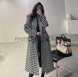 Kvinnors ull blandar mode houndstooth faux ull jacka kvinnor höst koreansk elegant singel breasted lång överrock vinter tjock varm blandning utkläder j230925