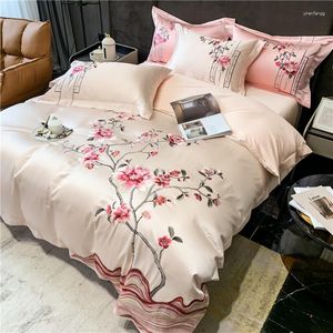 Bedding Sets High Precision Brocade Egyptian Cotton Luxury Chinese Style Flower Embroidery Set Silky Duvet Cover Bed Sheet Pillowcase