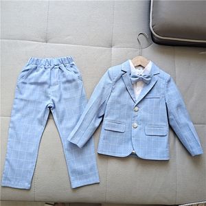 Ternos meninos primavera verão xadrez terno conjunto crianças festa de casamento desempenho vestido traje crianças blazer calças bowtie camisa roupas 230925