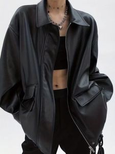Jaqueta de couro feminina streetwear oversize preto moda feminina vintage pu zíper motociclista feminino solto bolso quente casaco falso