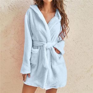 Women's Sleepwear Solid Shower Kimono Robes Hooded For Women Long Sleeves Towel Bathrobe With Waist Girdle Female Cotton Home Wear