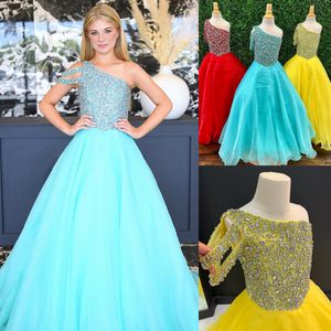 One-Shoulder Ballgown Girl Pageant Dress 2024 Crystals AB Stones Little Kid Birthday Formal Party Gown Infant Toddler Teens Tiny Young Junior Miss Red Aqua Yellow