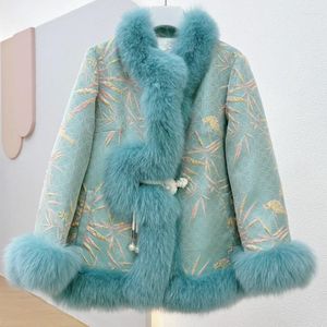 Женская меховая куртка 2023, атласная женская куртка с пряжкой из натурального воротника, теплое пальто, зимняя свободная парка в китайском стиле, модная уличная одежда