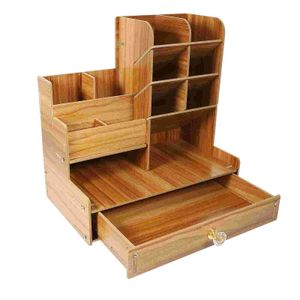 Pencilfodral arrangör Desk Holder Arrangörer Lagring Desktop Pen Wood Accessories Table Office Wood Craft File Box End Document Rack Shelf 230926