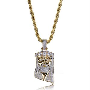 Ny kopparguldfärgpläterad isad Jesus Face Pendant Necklace Micro Pave CZ Stone Hip Hop Bling Jewelry267o