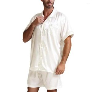 メンズスリープウェアの男性パジャマセット半袖シルクサテンボタンシャツショーツスリープ摩耗品質