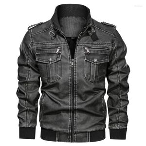 Men's Fur Retro Leather Jacket Men Solid Color Slim Fit Motorcycle Waterproof PU Coats Fleece Biker